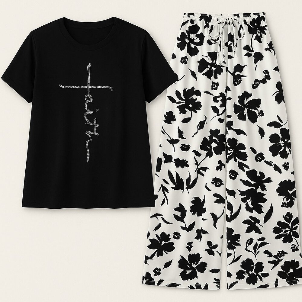 Last One! Faith Rhinestone Plus Size Casual Letter Print T-shirt | Black | Size - Picture 2 of 8